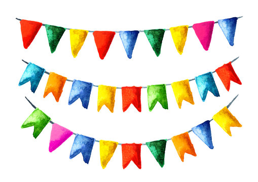 Colorful Garlands on white background. Rainbow colors  flags. Watercolor hand drawn illustration, isolated on white background