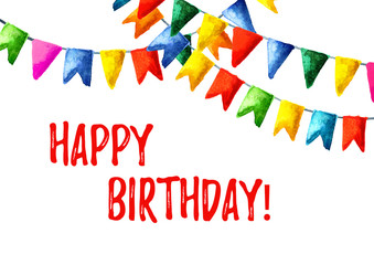 Obraz premium Happy Birthday card. Colorful flags garland composition. Watercolor hand drawn illustration, isolated on white background
