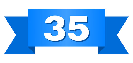 35 text on a ribbon. Designed with white title and blue stripe. Vector banner with 35 tag.