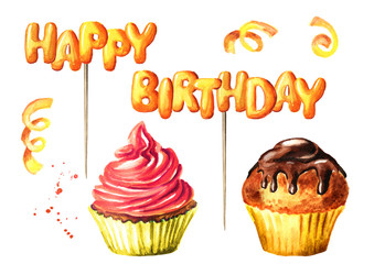 Happy Birthday lettering on a stick, cake and brownie. Watercolor hand drawn illustration, isolated on white background