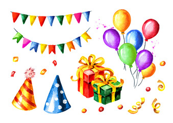 Happy Birthday set. Colorful Garlands, gift boxes, balloons, birthday caps. Watercolor hand drawn illustration, isolated on white background
