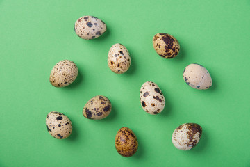 Beautiful spotted fresh quail eggs on a green paper background