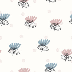 Cute print with dot in scandinavian style. Childish seamless pattern - poppies and dots. Vector floral background. Scandinavian style.