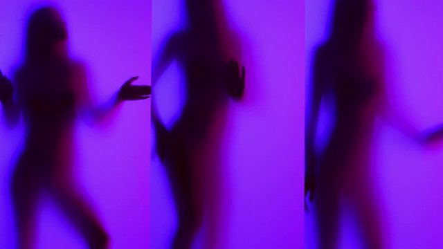 Beauty model girl silhouette. Beautiful sexy young woman with perfect slim body dancing in uv light. Three vertical shots. Slow motion 4K UHD video 3840x2160
