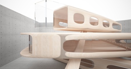 Empty dark abstract concrete and wood smooth interior. Architectural background. 3D illustration and rendering