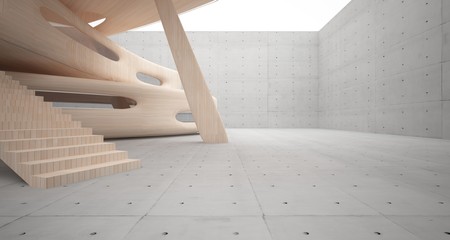 Empty dark abstract concrete and wood smooth interior. Architectural background. 3D illustration and rendering