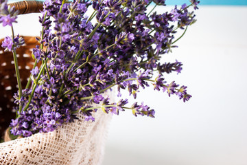 A bunch of lavender in a basket.Lavandula.