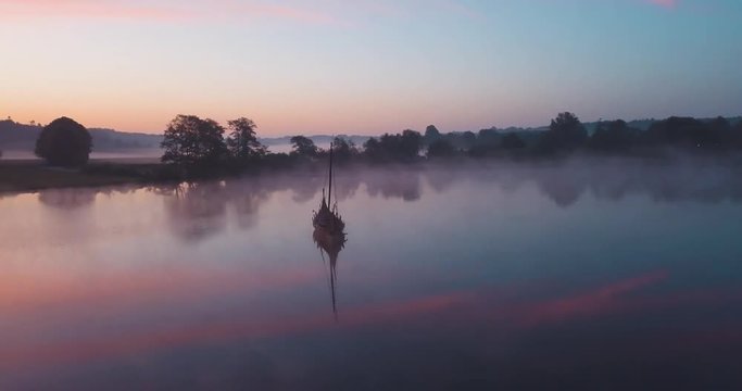 Viking ship placed in the middle of a lake, around Vejle, Denmark. Recorded at 4am in the morning.
