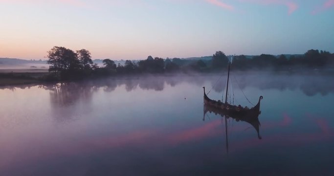 Viking ship placed in the middle of a lake, around Vejle, Denmark. Recorded at 4am in the morning.