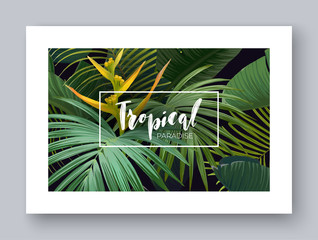 Summer hawaiian vector design for card or flyer with exotic palm leaves, tropical flowers and lettering.