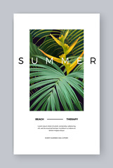 Bright summer vertical vector tropical design with green banana and sabal palm leaves and yellow exotic flowers.
