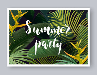 Summer tropical vector design for banner or flyer with dark green palm leaves, exotic flowers and lettering.