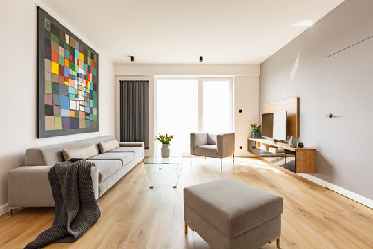 Modern apartment interior with a grey sofa, footstool and armchair, wooden floor, tv and colorful graphic