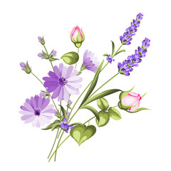 Label with lavender. Bunch of lavender flowers on a white background. Botanical illustration in vintage style. Vector illustration.