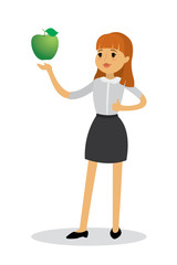 Smiling thin girl with apple,isolated on white background,