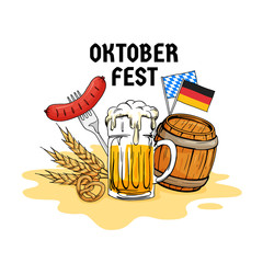 Oktoberfest hand drawn vector illustration. Munich beer festival concept with vintage old style design. Glass beer mug with barrel, sausage, grain, germany flag element for poster, banner, logo, badge
