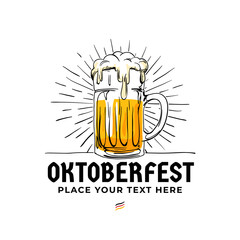 Oktoberfest hand drawn logo badge. Old style full glass of beer with sun rays background illustration for Munich beer festival concept design. Poster, banner, sticker, advertising vector template.