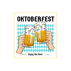 Oktoberfest retro poster design. Two hands holding full glass of beer toasting illustration with bavarian flag pattern background. Munich beer festival concept. Vintage old style hand drawn design.