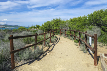 Fototapeta na wymiar Wooden path on a coastline near a beach Alcossebre Valencia Spain.