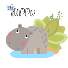 Cute vector cartoon Hippo. Illustrations for children. Baby Shower card with baby hippopotamus and safari elements
