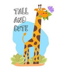 Fototapeta na wymiar Cute vector cartoon trendy design little giraffe with grass and flower in mouth. African animal wildlife vector illustration illustration.