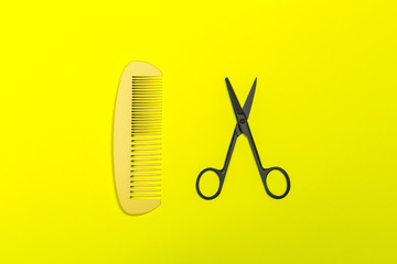 Flat lay composition with professional hairdresser tools on color background