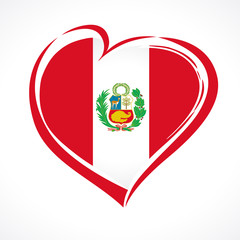 Love Peru greeting card, flag with coat of arms. 28 July, Peru Independence Day banner background with heart in flag colors. Flag in the shape of heart in grungy style