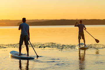 Men, friends paddling on a SUP boards during sunrise
