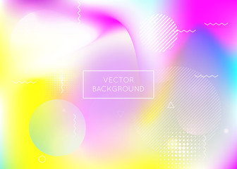 Liquid shapes background with dynamic fluid. Holographic bauhaus gradient with memphis elements. Graphic template for flyer, ui, magazine, poster, banner and app. Stylish liquid shapes background.