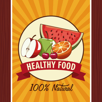 Healthy food poster with emblem and ribbon banner vector illustration graphic design