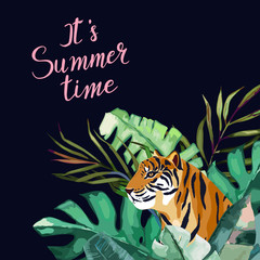Summer frame with tropical jungle leaves and tiger. Vector aloha illustration. Watercolor style