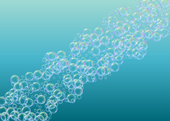 Cleaning foam on gradient background. Realistic water bubbles 3d. Cool rainbow colored liquid foam with shampoo bubbles. Horizontal cosmetic flyer and invite. Cleaning soap foam for bath and shower.