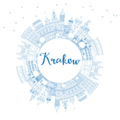 Outline Krakow Poland City Skyline with Blue Buildings and Copy Space.