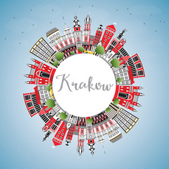 Obraz premium Krakow Poland City Skyline with Color Buildings, Blue Sky and Copy Space.