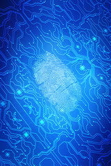 Fingerprint integrated in a printed circuit, releasing binary codes. fingerprint Scanning Identification System. Biometric Authorization and Business Security Concept. digital illustration