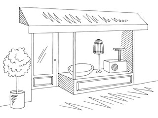 Pet shop store exterior graphic black white sketch illustration vector