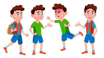 Boy Schoolboy Kid Poses Set Vector. Primary School Child. Funny Children. Junior. Lifestyle, Friendly. For Advertising, Booklet, Placard Design. Isolated Cartoon Illustration