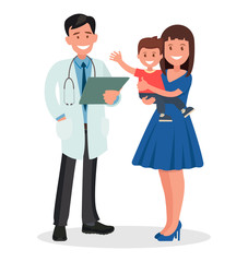 Pediatrician and mother with a child on a white background.