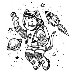 Vector illustration. Cat astronaut soaring in space. Comic style illustration.