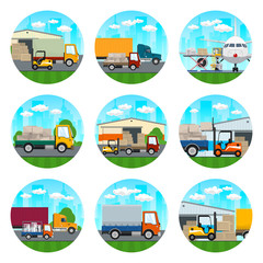 Set of Transportation Icons, Airplane with Autoloader at the Airport, Trucks  with Different Loads , Warehouse and Transportation Services and Logistics, Air Cargo Services and Freight,  Vector 