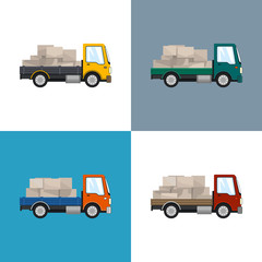 Four Types of Small Truck with Boxes Isolated , Delivery Services, Logistics, Shipping and Freight of Goods,  Vector Illustration