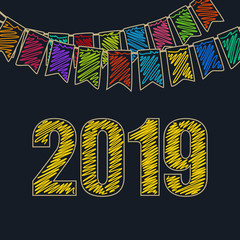 Merry Christmas and Happy New Year with Yellow Date of 2019 ,Festive Background, Holiday Colorful Colored Bunting Flags ,  Drawing Crayons or Markers, Vector Illustration