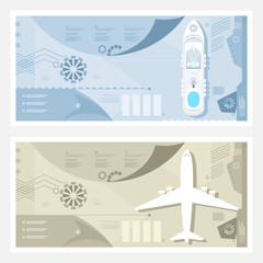 Airport and Seaport Banner, Cruise Ship at Sea, Plane on the Runway, Tourism and Travel Infographic Concept, Vector Illustration
