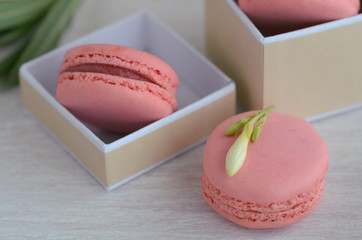 Close up of  raspberrymacarons in the gift box on wooden background. French dessert macaroons  for best present or surprise.