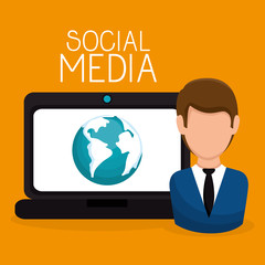 laptop with user and social media icon