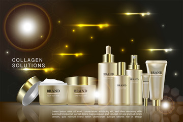 Beauty product, gold cosmetic containers with advertising background ready to use, luxury skin care ad, illustration vector.
