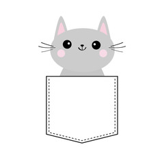 Cute gray cat in the pocket. Pink cheeks. Doodle contour linear sketch. Cartoon animals. Kitten kitty character. Dash line. Pet animal. White background. T-shirt design. Baby background. Flat