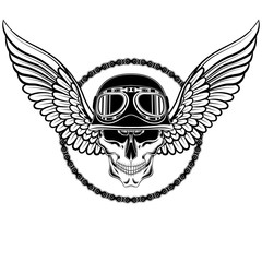 Skull in a motorcycle helmet with wings and chain. Black and white vector image.