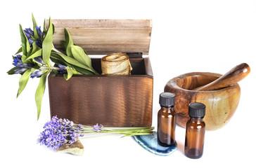 flower, mortar and essential oils