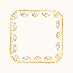 Golden vector frame in boho style. Hand drawn decorative border. 